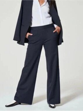 SPANX Navy Pinstripe High Rise Wide Leg Dress Pant Size S